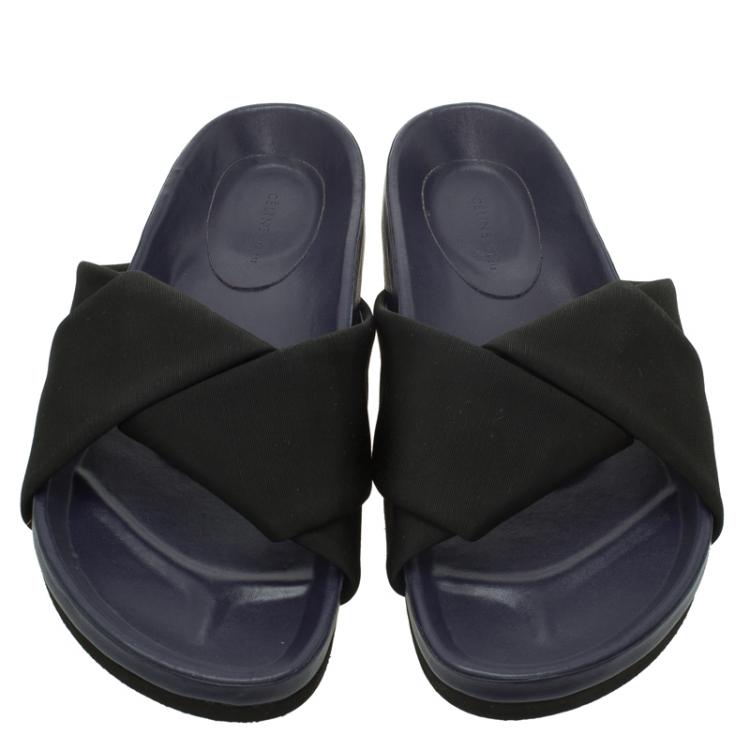 Pre Owned Celine Black Crepe Satin Flat Sandals Size 37