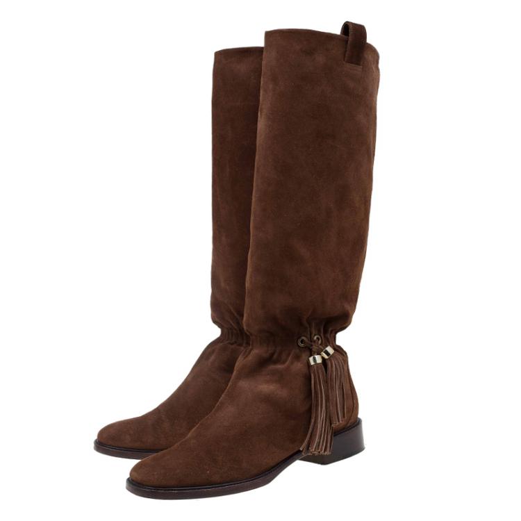 Pre Owned Celine Brown Suede Tassel Knee Boots Size 36.5