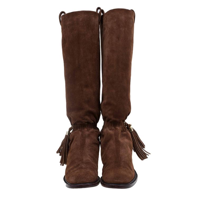 Pre Owned Celine Brown Suede Tassel Knee Boots Size 36.5