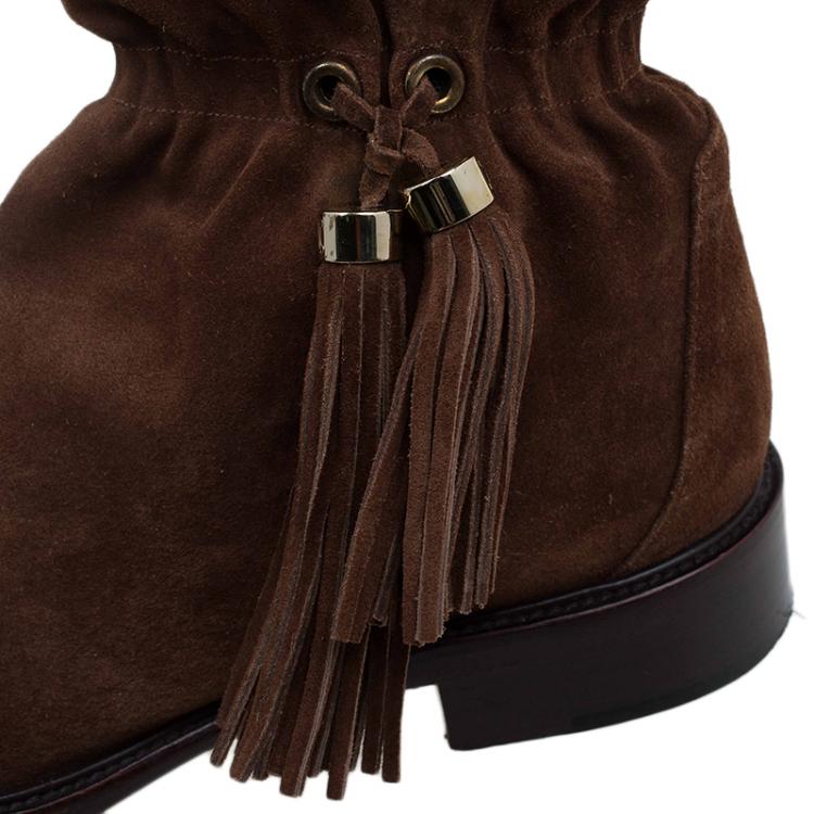 Pre Owned Celine Brown Suede Tassel Knee Boots Size 36.5