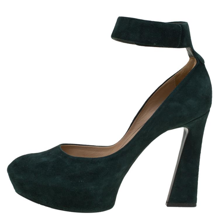 Pre Owned Celine Green Suede Ankle Strap Block Heel Pumps Size 40.5