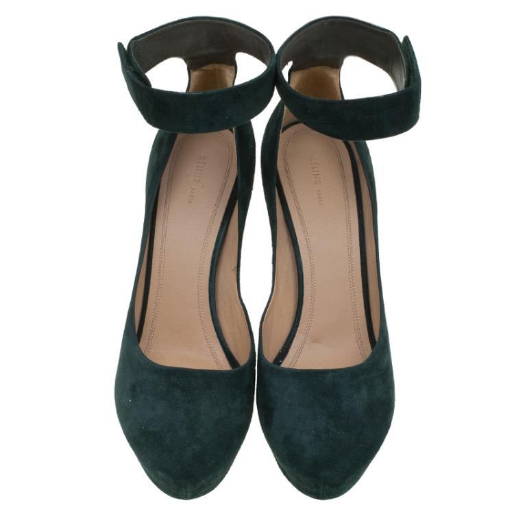 Pre Owned Celine Green Suede Ankle Strap Block Heel Pumps Size 40.5