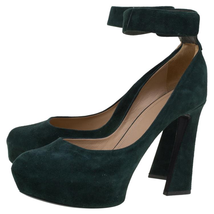 Pre Owned Celine Green Suede Ankle Strap Block Heel Pumps Size 40.5