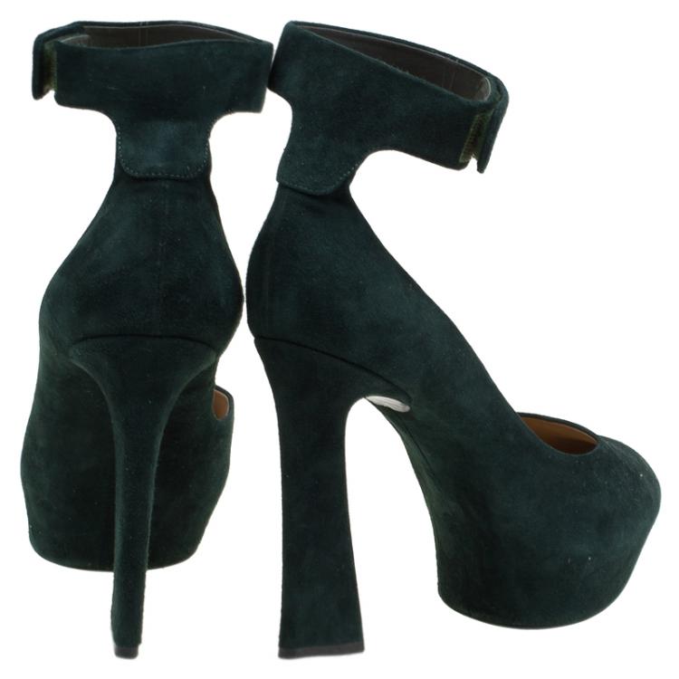 Pre Owned Celine Green Suede Ankle Strap Block Heel Pumps Size 40.5