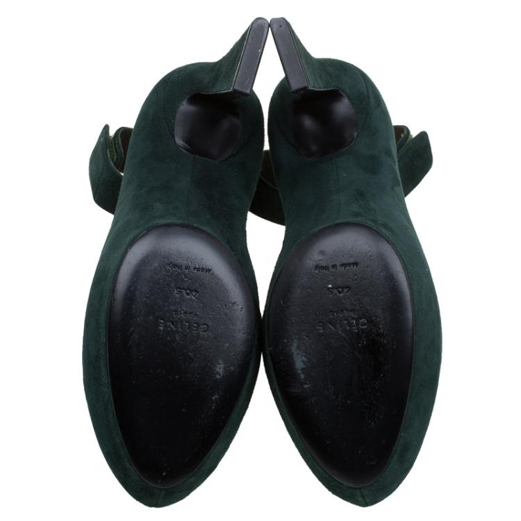 Pre Owned Celine Green Suede Ankle Strap Block Heel Pumps Size 40.5