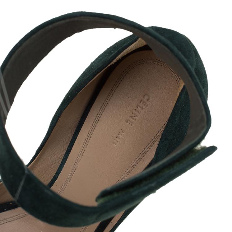 Pre Owned Celine Green Suede Ankle Strap Block Heel Pumps Size 40.5