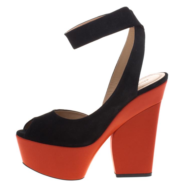 Pre Owned Celine Two Tone Suede Ankle Twist Slingback Platform Sandals Size 38