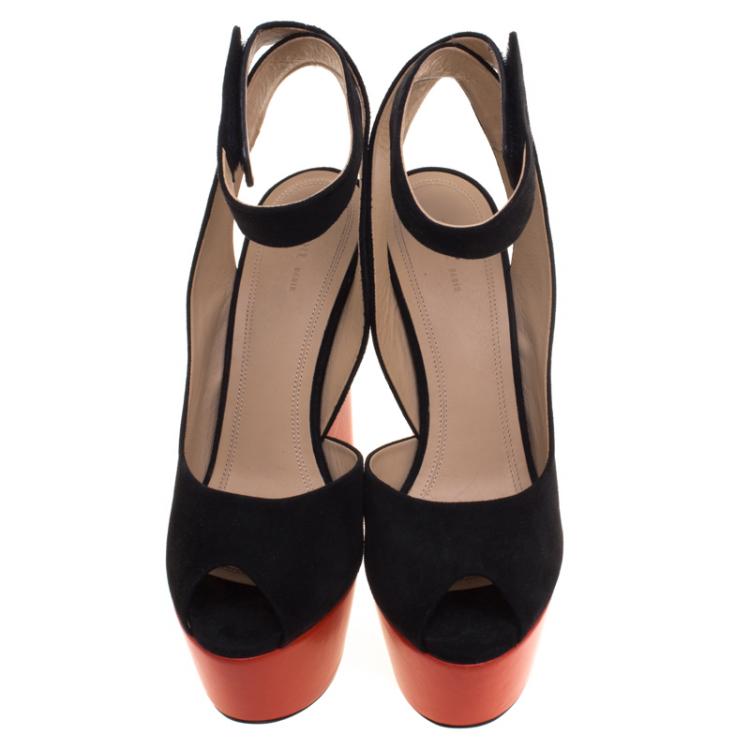 Pre Owned Celine Two Tone Suede Ankle Twist Slingback Platform Sandals Size 38