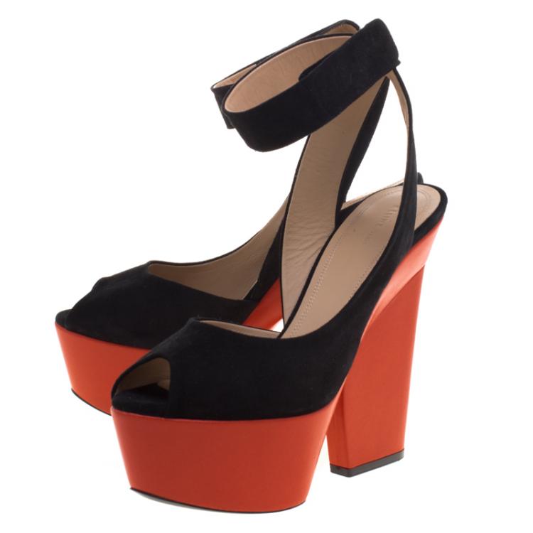 Pre Owned Celine Two Tone Suede Ankle Twist Slingback Platform Sandals Size 38