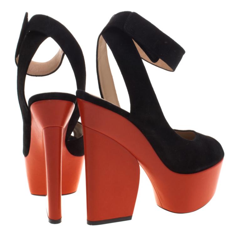 Pre Owned Celine Two Tone Suede Ankle Twist Slingback Platform Sandals Size 38