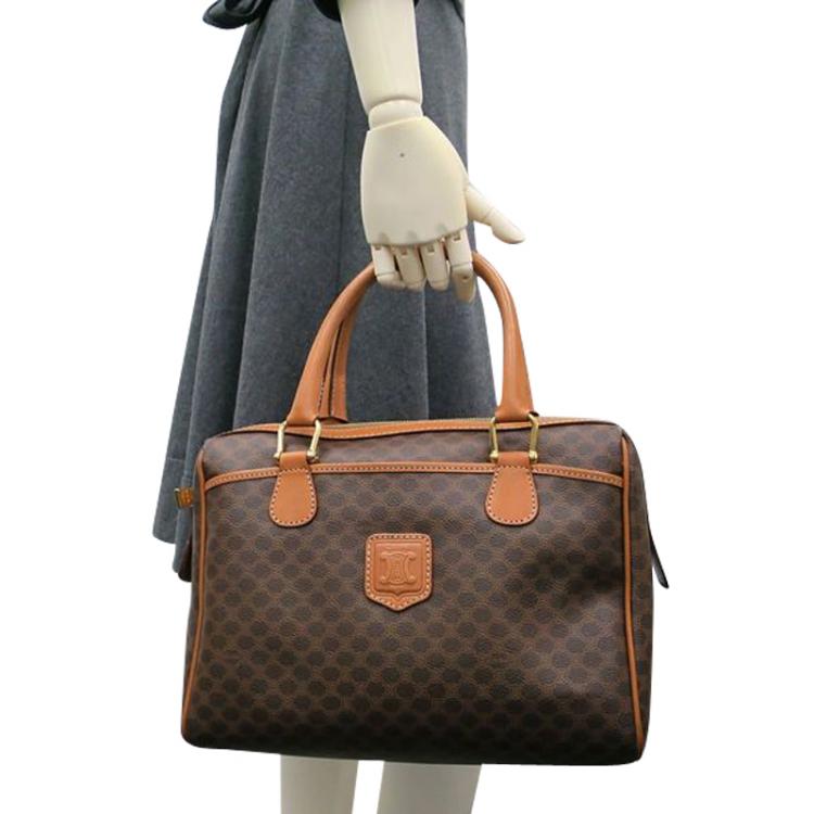 Celine Vintage Brown Macadam Canvas Handbag Boston Bag