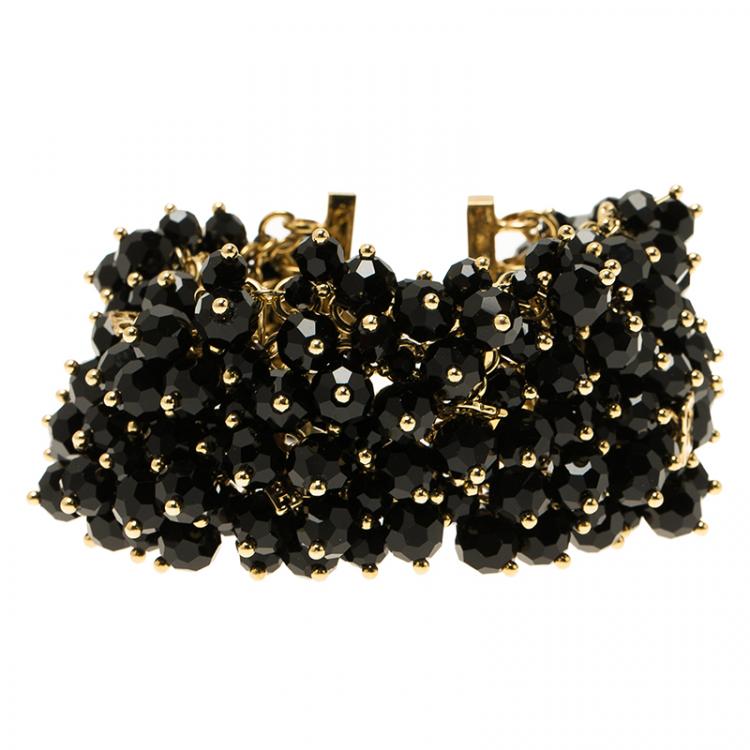 Pre Owned CH Carolina Herrera Black Beads Gold Tone Bracelet