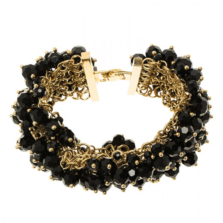 Pre Owned CH Carolina Herrera Black Beads Gold Tone Bracelet