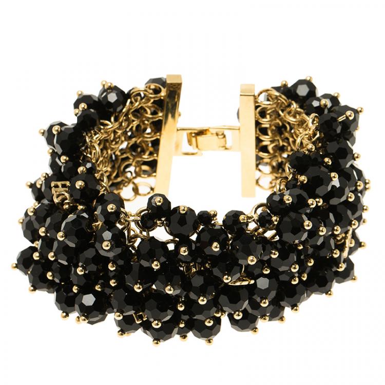 Pre Owned CH Carolina Herrera Black Beads Gold Tone Bracelet