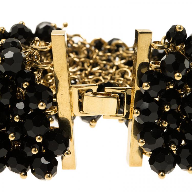 Pre Owned CH Carolina Herrera Black Beads Gold Tone Bracelet
