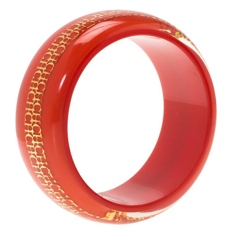Pre Owned CH Carolina Herrera Red Resin Gold Tone Metal Wide Bangle Bracelet 20cm