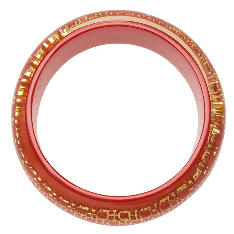 Pre Owned CH Carolina Herrera Red Resin Gold Tone Metal Wide Bangle Bracelet 20cm