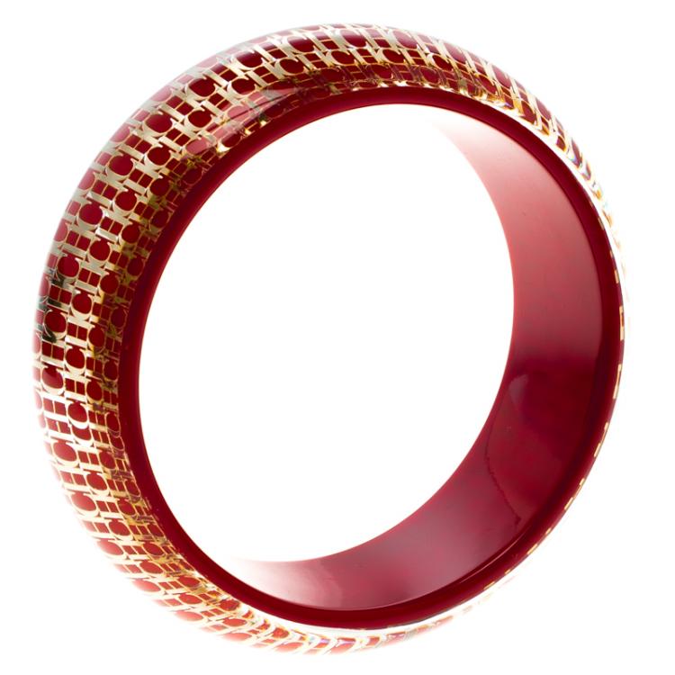Pre Owned CH Carolina Herrera Red Resin Gold Tone Wide Bangle Bracelet 