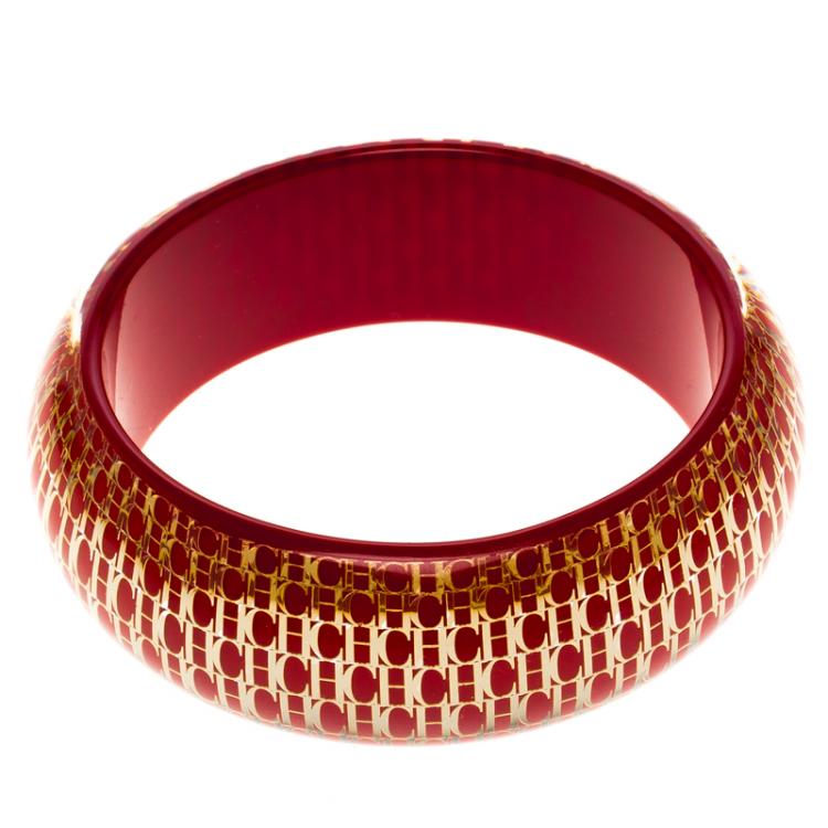Pre Owned CH Carolina Herrera Red Resin Gold Tone Wide Bangle Bracelet 