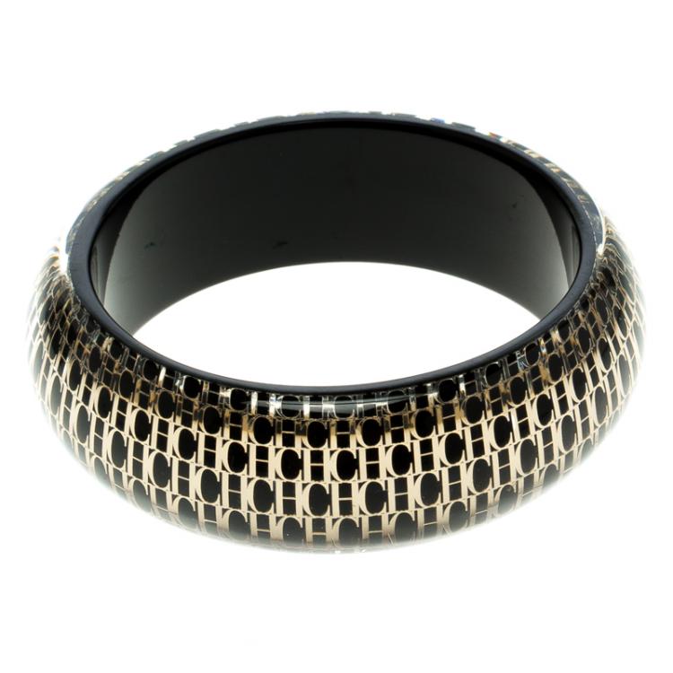 Pre Owned CH Carolina Herrera Black Resin Gold Tone Wide Bangle Bracelet 19cm