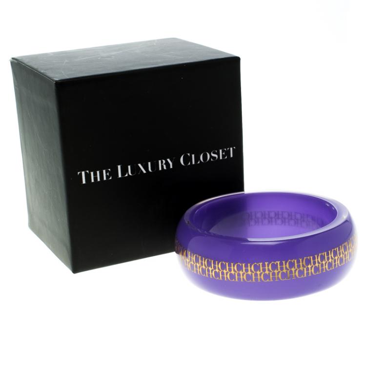 Pre Owned CH Carolina Herrera Purple Resin Gold Tone Wide Bangle Bracelet 21MM