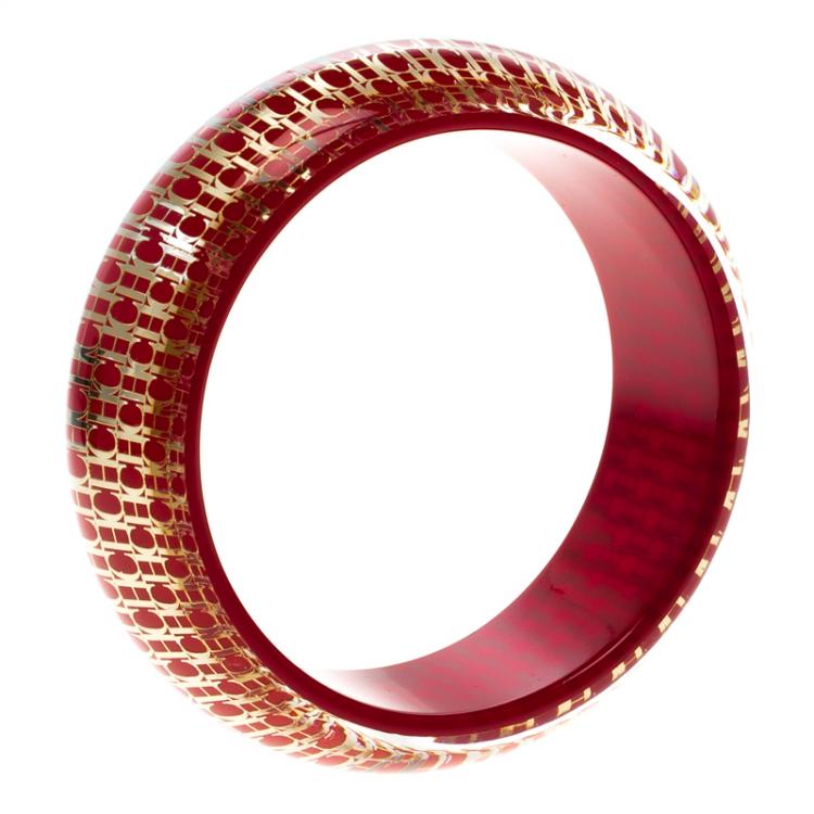 Pre Owned CH Carolina Herrera Red Resin Gold Tone Wide Bangle Bracelet 