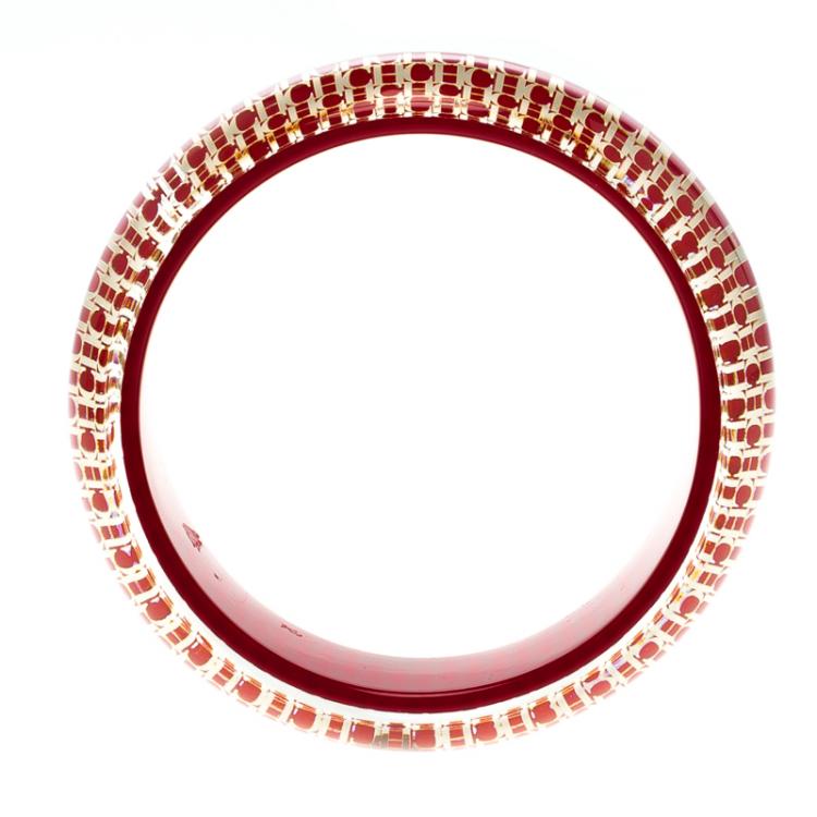 Pre Owned CH Carolina Herrera Red Resin Gold Tone Wide Bangle Bracelet 
