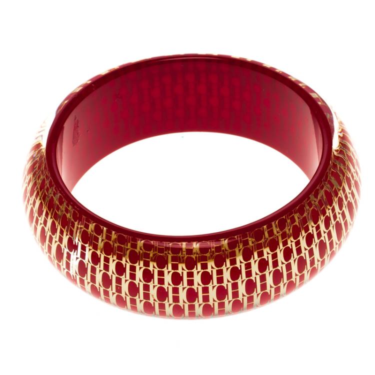 Pre Owned CH Carolina Herrera Red Resin Gold Tone Wide Bangle Bracelet 