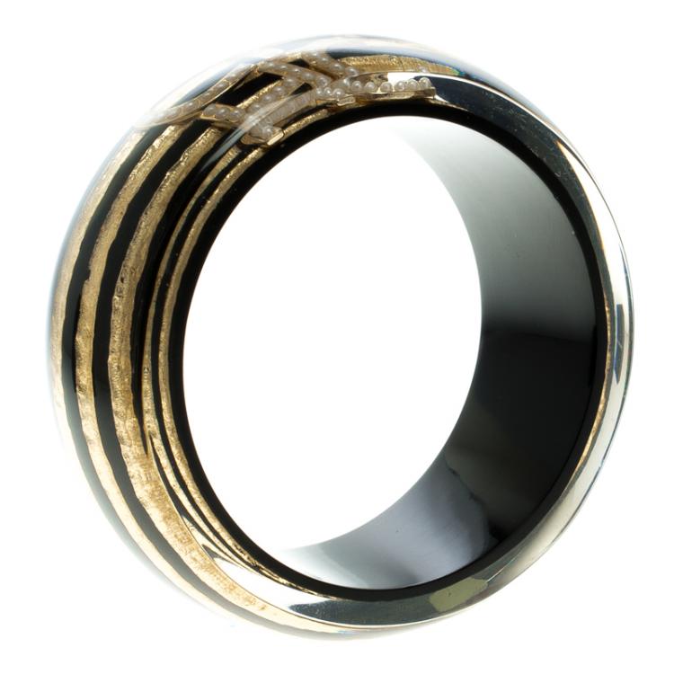 Pre Owned CH Carolina Herrera Faux Pearl Black and Gold Tone Resin Wide Bangle 20cm