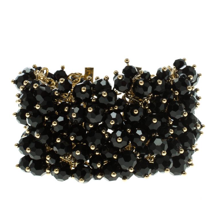 Pre Owned CH Carolina Herrera Black Beads Gold Tone Bracelet 17cm