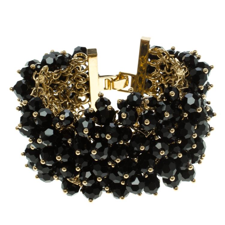 Pre Owned CH Carolina Herrera Black Beads Gold Tone Bracelet 17cm