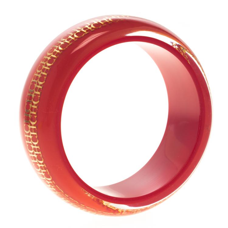 Pre Owned CH Carolina Herrera Red Resin Gold Tone Metal Wide Bangle Bracelet 20cm