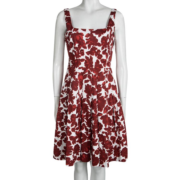 Pre Owned CH Carolina Herrera Red Floral Printed Pleat Detail Sleeveless Dress M