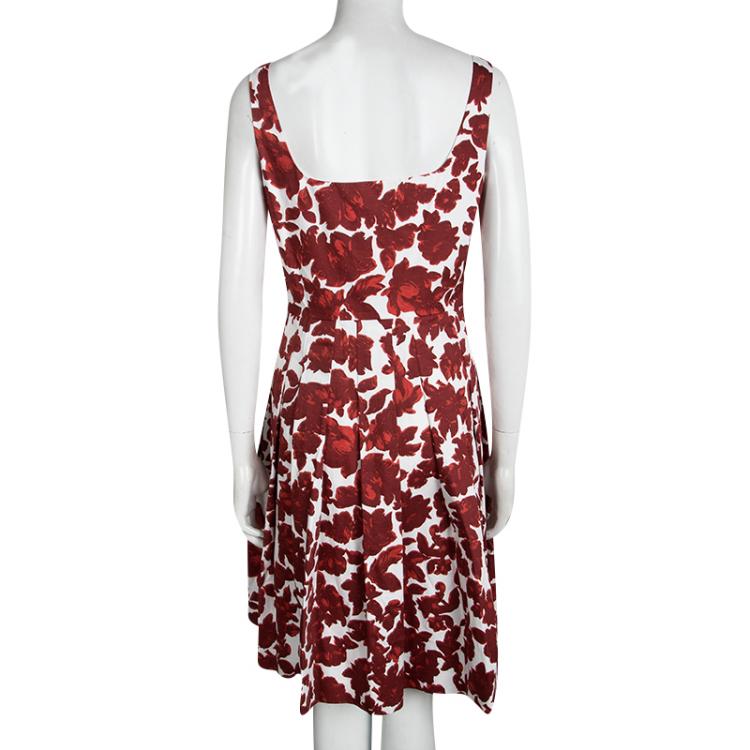 Pre Owned CH Carolina Herrera Red Floral Printed Pleat Detail Sleeveless Dress M
