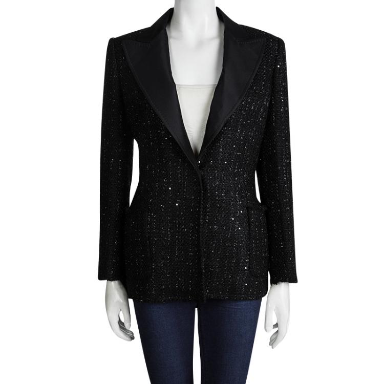 Pre Owned Carolina Herrera Black Sequin Embellished  Tweed Blazer M