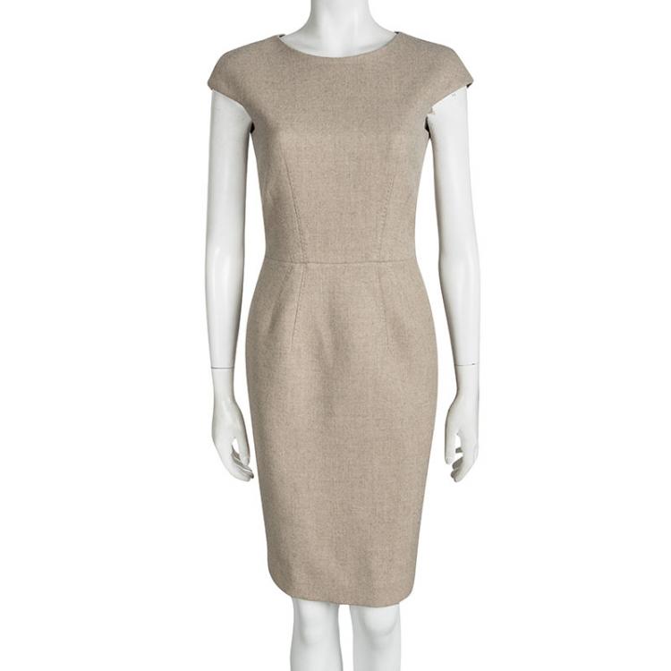 مملوكة مسبقًا CH Carolina Herrera Beige Wool Cap Sleeve Sheath Dress S