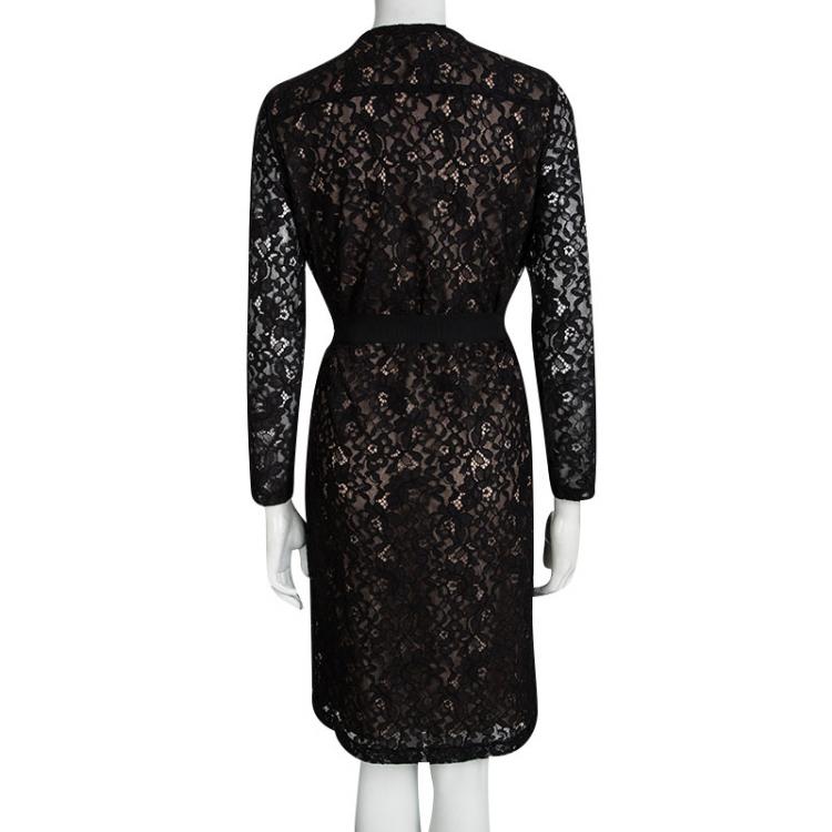 Pre Owned CH Carolina Herrera Black Floral Lace Belted Long Sleeve Dress S