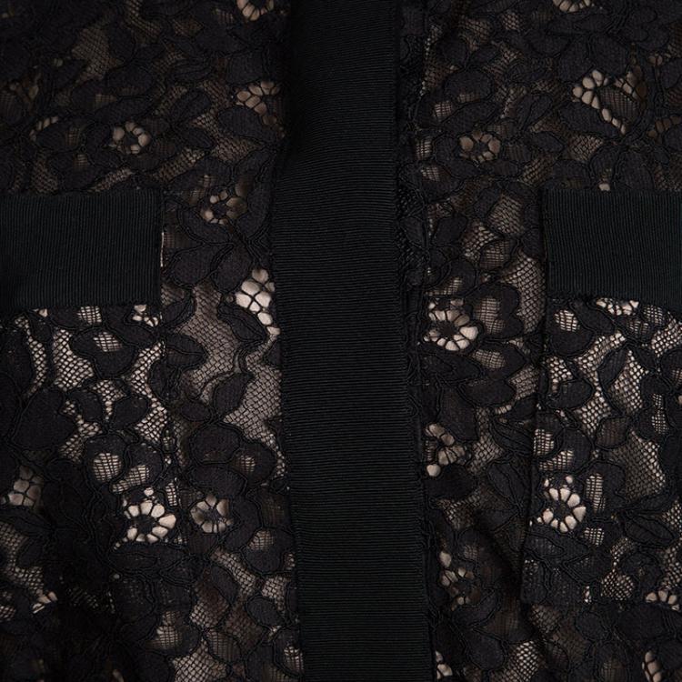 Pre Owned CH Carolina Herrera Black Floral Lace Belted Long Sleeve Dress S