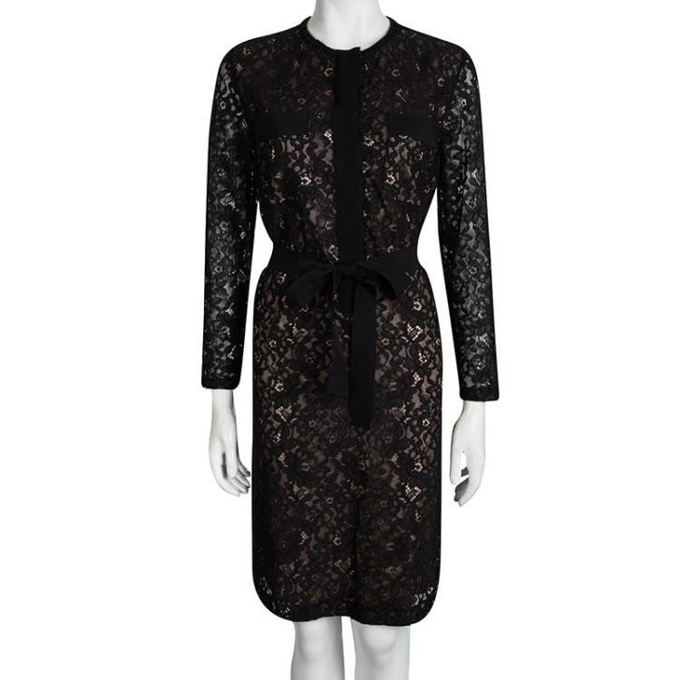 Pre Owned CH Carolina Herrera Black Floral Lace Belted Long Sleeve Dress M