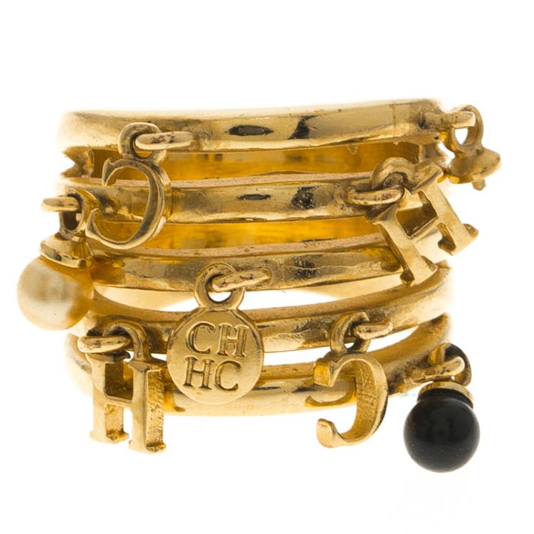 Pre Owned Carolina Herrera Dangle Charms Gold Tone Band Ring Size 54