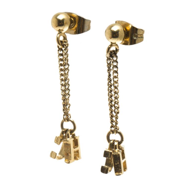 Pre Owned Carolina Herrera Gold Tone CH Drop Earrings