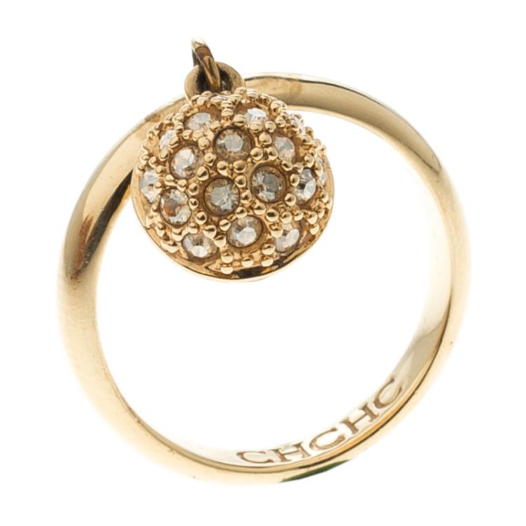 Pre Owned CH Carolina Herrera Crystal Gold Tone Charm Ring Size 57