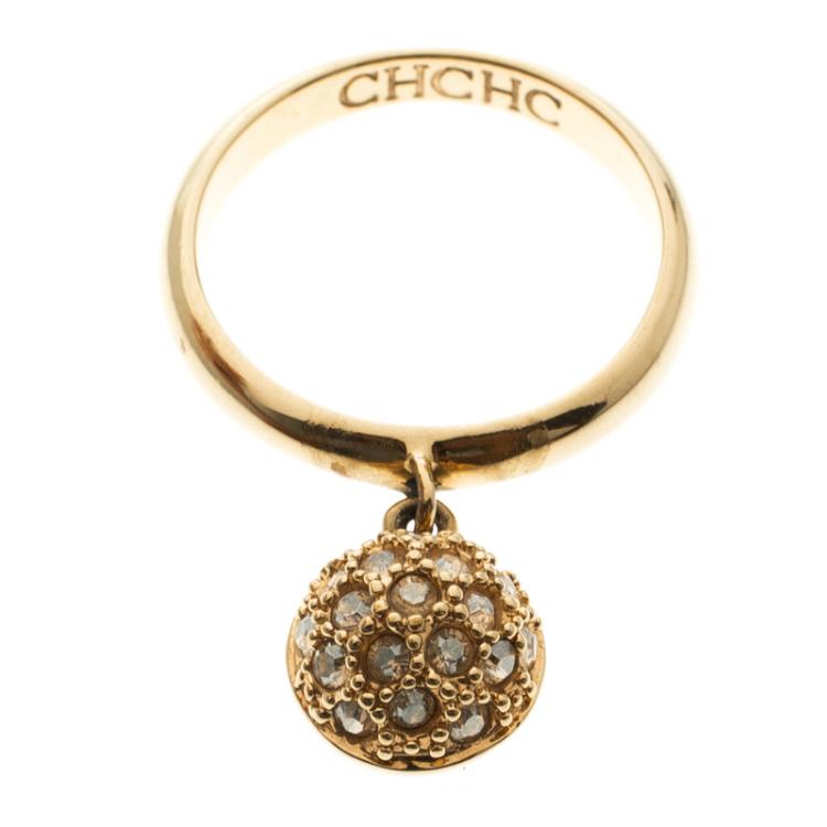 Pre Owned CH Carolina Herrera Crystal Gold Tone Charm Ring Size 57