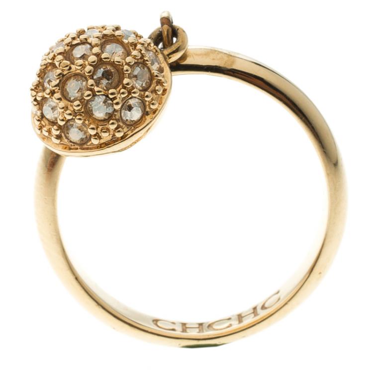 Pre Owned CH Carolina Herrera Crystal Gold Tone Charm Ring Size 57