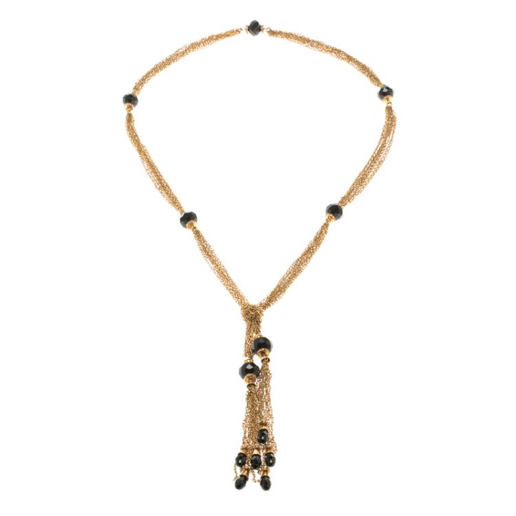 Pre Owned CH Carolina Black Crystals Gold Tone Multi Chain Lariat Necklace