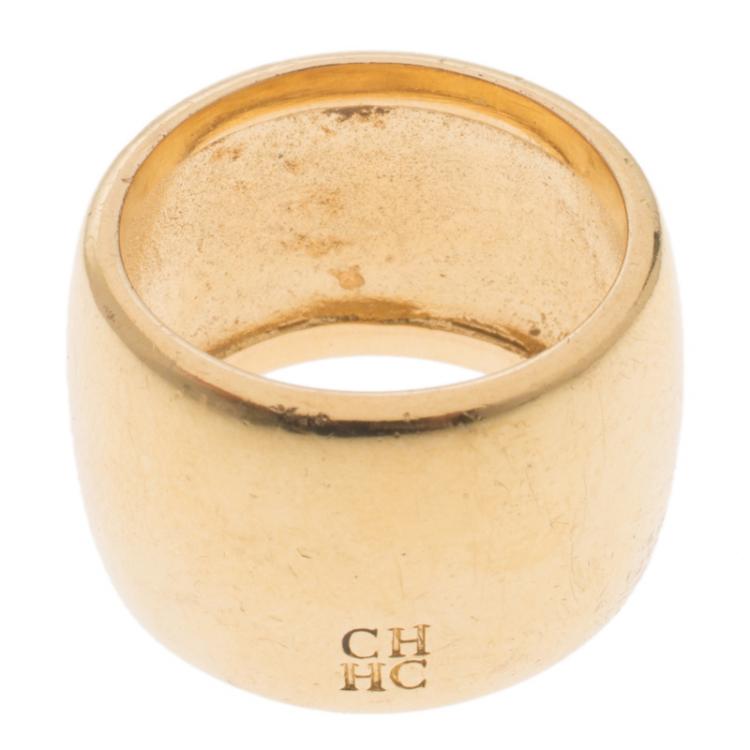 Pre Owned Carolina Herrera Logo Gold Tone Wide Band Ring Size 56
