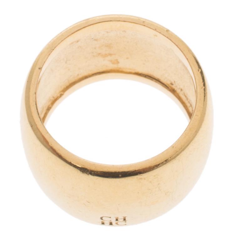 Pre Owned Carolina Herrera Logo Gold Tone Wide Band Ring Size 56
