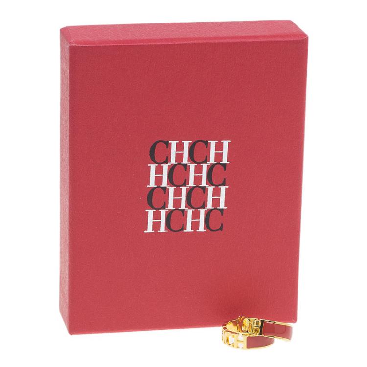 Pre Owned Carolina Herrera CH Red Gold Tone hoop Earrings