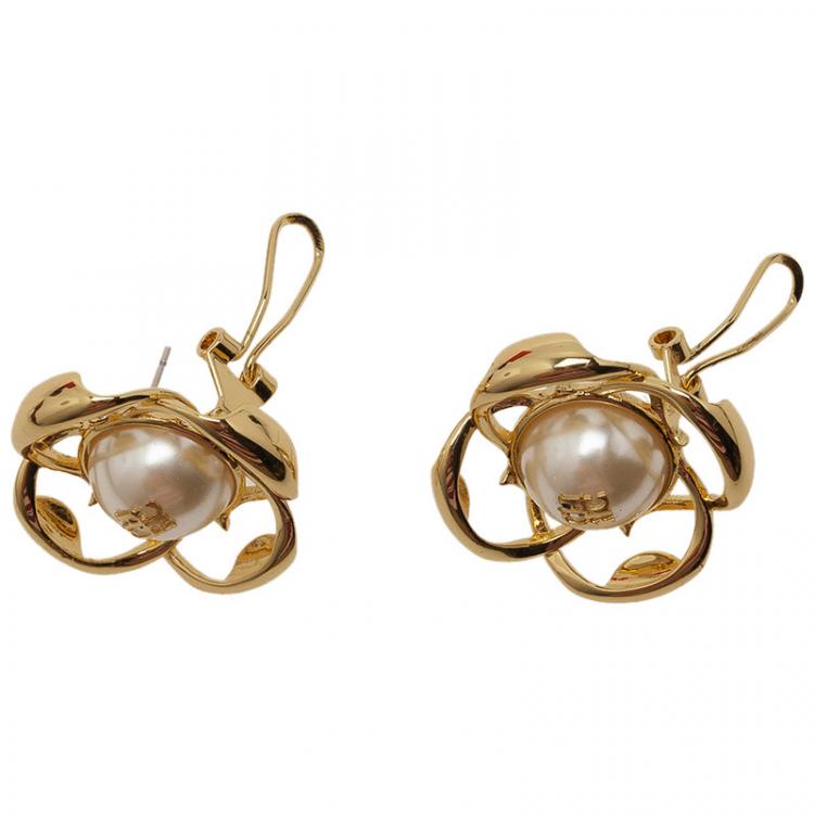 Pre Owned Carolina Herrera CH Faux Pearl Gold Tone Stud Earrings