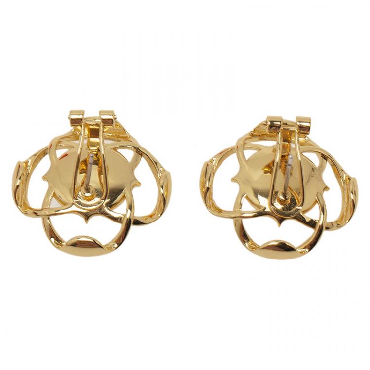 Pre Owned Carolina Herrera CH Faux Pearl Gold Tone Stud Earrings